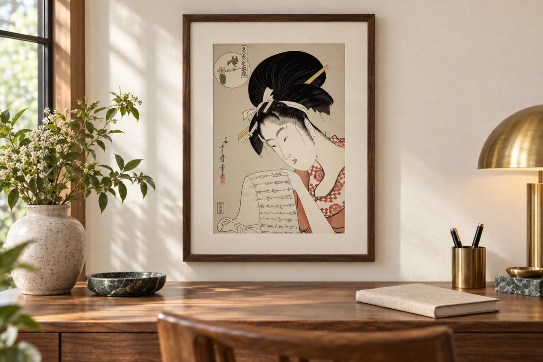 Hanazuma of the Hyogoya House displayed above a wooden writing desk with a notebook, pens, a lamp, and flowers.