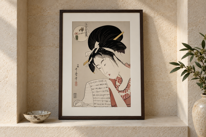 The framed Hanazuma of the Hyogoya House print displayed in a pale stone recess beside a small ceramic bowl.
