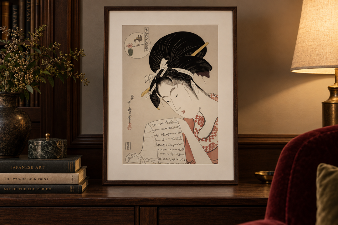 The framed Hanazuma of the Hyogoya House print beside a dark bookcase and a red chair in a lamplit interior.