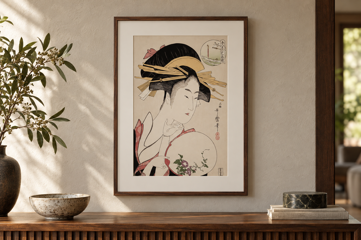 Kisegawa of the Matsubaya displayed above a wooden cabinet with a vase, bowl, books, and a small lidded container.