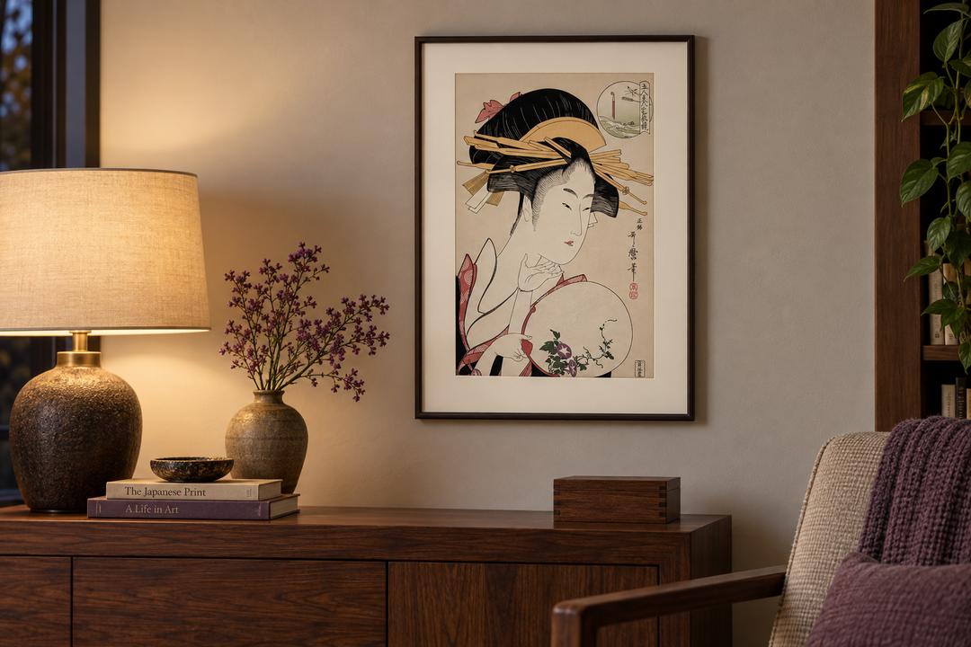 Kisegawa of the Matsubaya displayed beside a reading chair with a purple throw, a lamp, and a vase of purple flowers.
