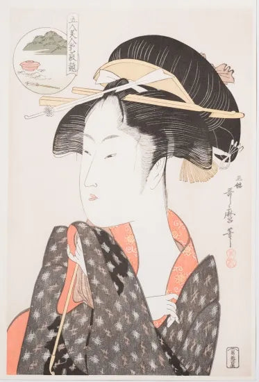 Edo Mokuhanga Kitagawa Utamaro, “Five Beauties Competing in Charm,” Yatsuyama Hiranoya