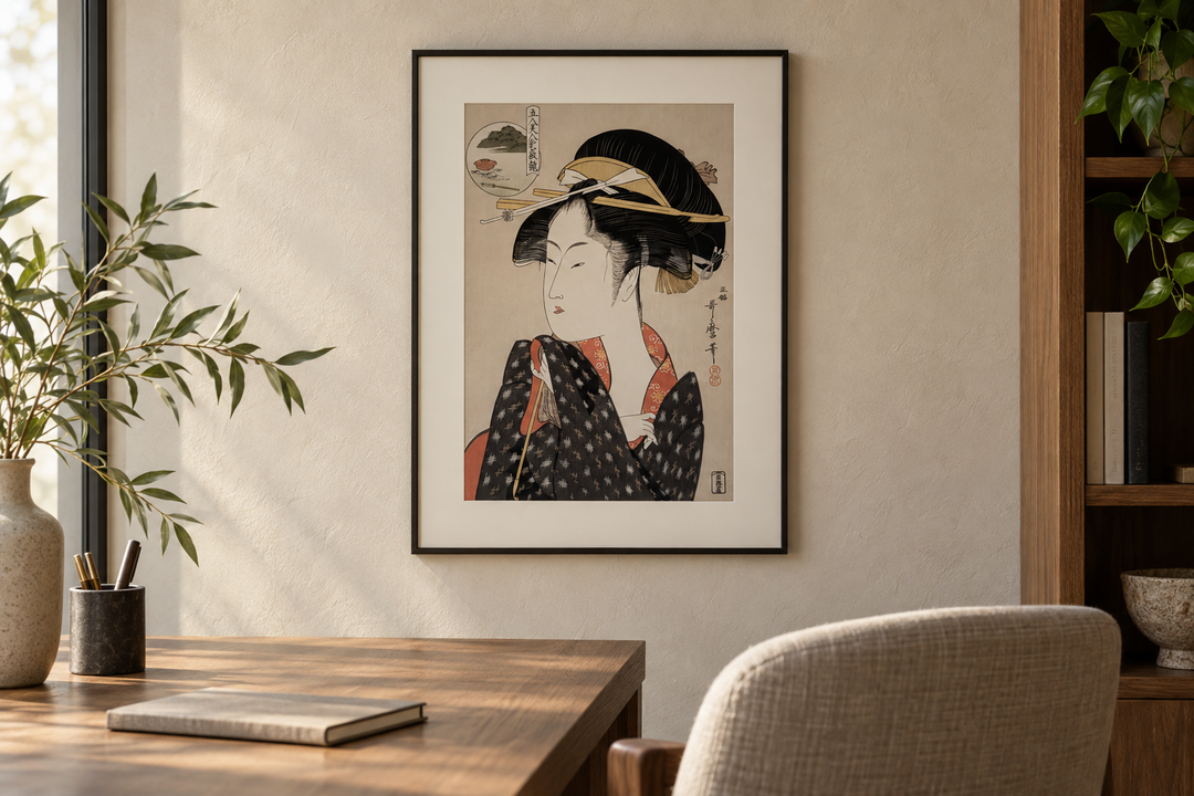 The matted Utamaro portrait displayed as the quiet focal point of a restrained contemporary study.
