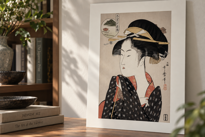A close interior view of the matted Utamaro print revealing the hair, ornaments, kimono pattern and washi surface.