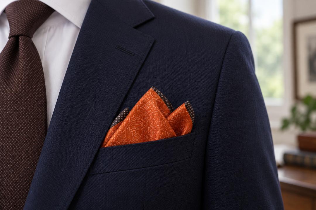 Close view of the two-pattern silk pocket square in a low three-point fold in a navy jacket pocket.