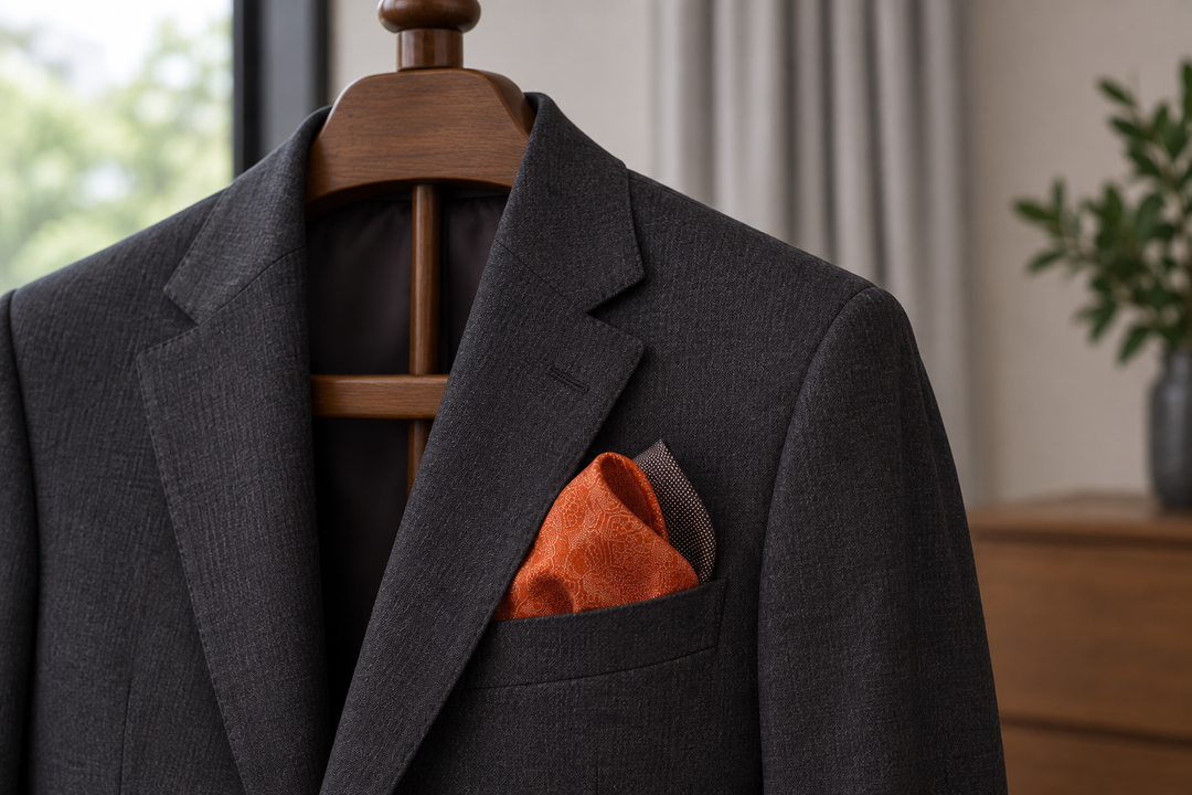 The warm patterned silk pocket square forms a restrained accent on a charcoal jacket displayed on a valet stand.
