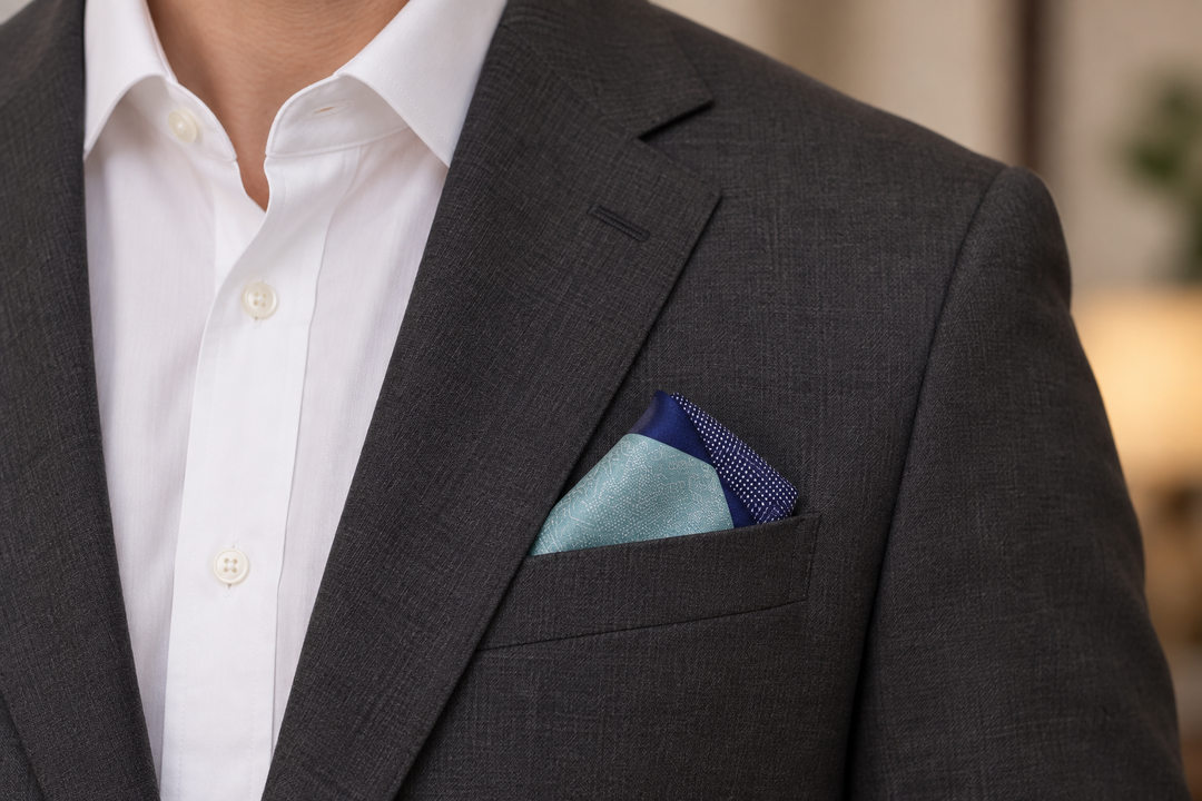 Light-green and lapis-blue Tokyo Some-Komon pocket square folded in a jacket breast pocket