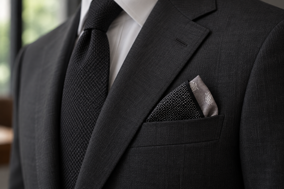 Ink-black and grey Edo Komon silk pocket square folded as a restrained accent in a dark tailored jacket.
