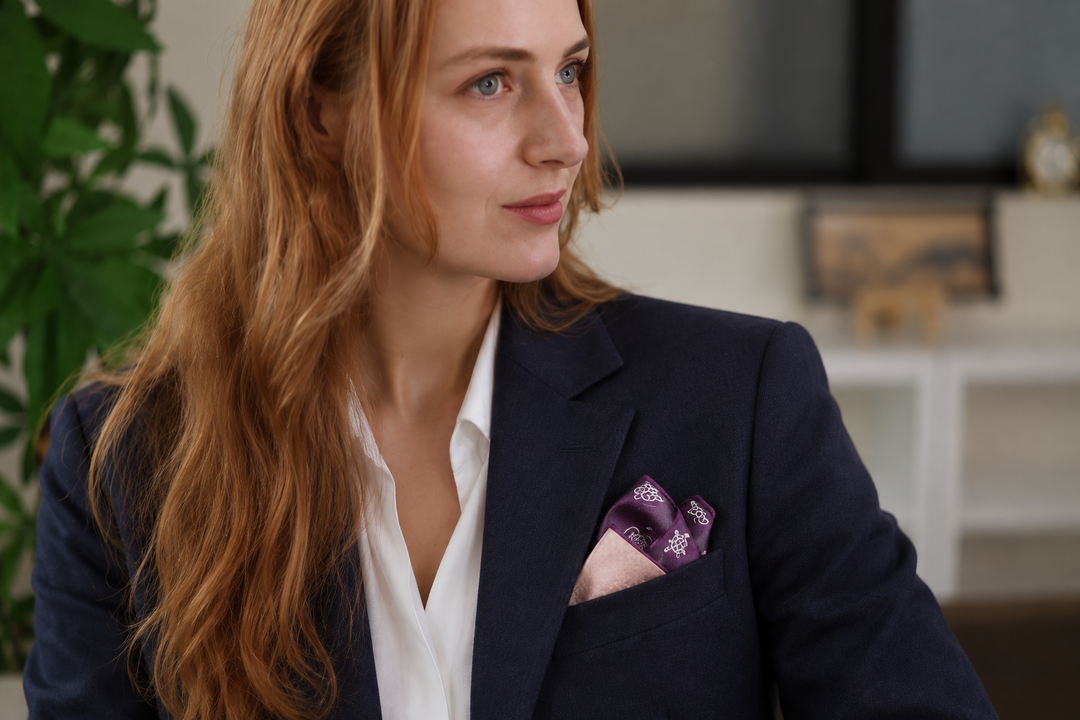 Edo-purple and cherry-blossom-pink silk pocket square folded in a dark jacket pocket indoors.