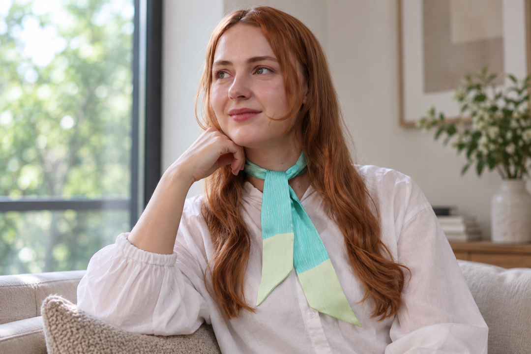 A narrow green bamboo-pattern silk scarf tied once at the neck over a simple white shirt.