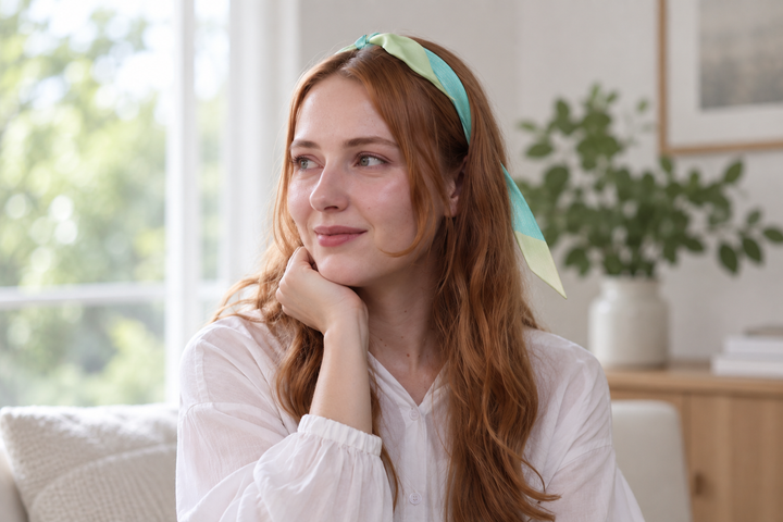 A narrow green silk scarf worn as a slim hair band with its pale pointed tips visible.