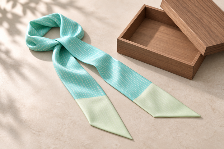 The green silk scarf unfolded beside its open empty wooden box as a compact gift presentation.
