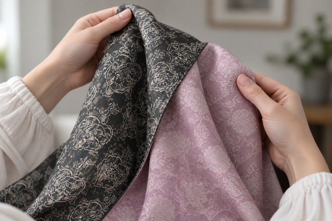 Close view of the black sumo motif and pale purple patterned face of the reversible silk stole held gently by adult hands