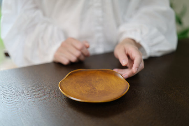 RIN 5.0 Mimosa plate shown empty on a dark tabletop with hands near the upper edge of the frame.