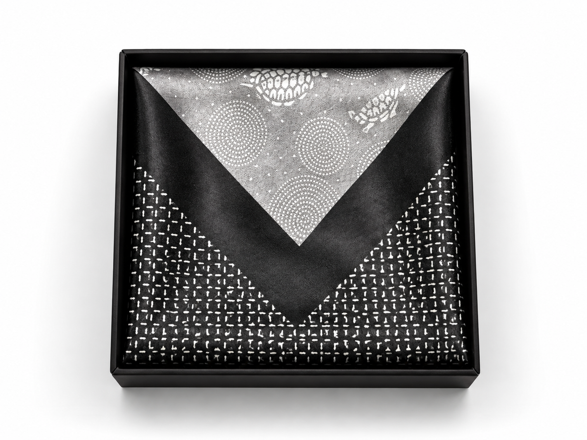 Edo Komon Pocket Square: Swirls with Tortoise (Don-nezumi) × Diagonal Check (Ink Black)