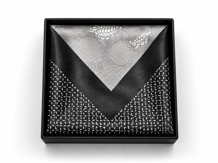 Edo Komon Pocket Square: Swirls with Tortoise (Don-nezumi) × Diagonal Check (Ink Black)