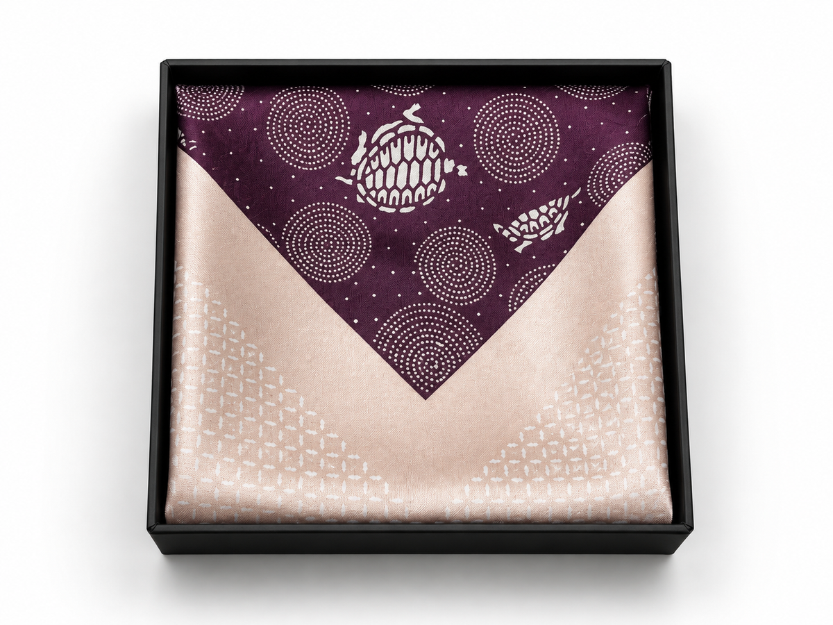 Edo Komon Pocket Square: Swirls with Tortoise (Edo Purple) × Diagonal Check (Cherry Blossom Pink)