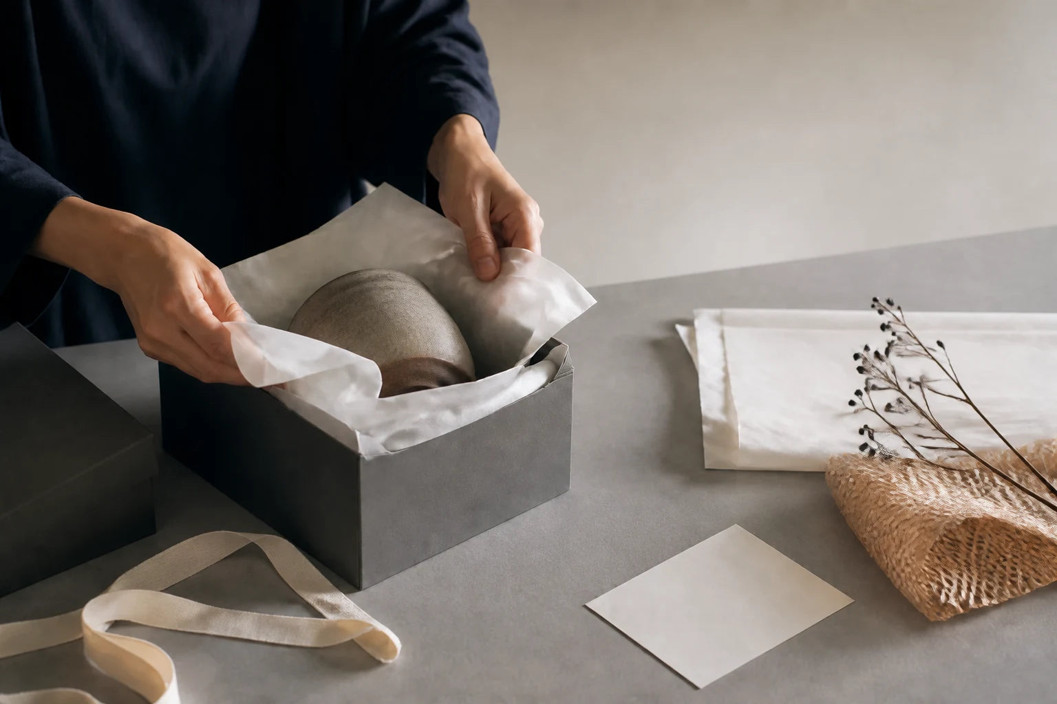 Editorial visualization of a ceramic vessel being carefully documented and packed for international delivery