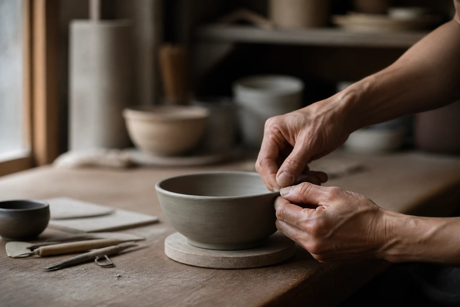 Editorial visualization of anonymous artisan hands refining a ceramic bowl in a quiet workshop