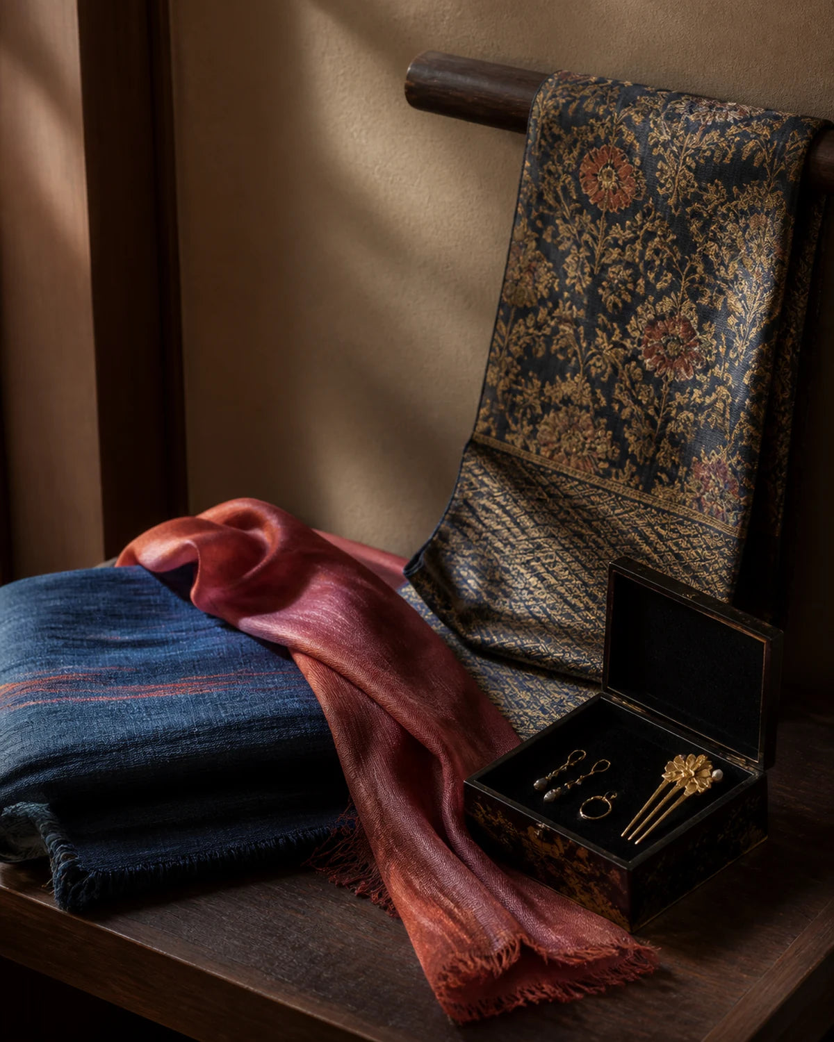 Textiles and adornment arranged in a softly lit interior