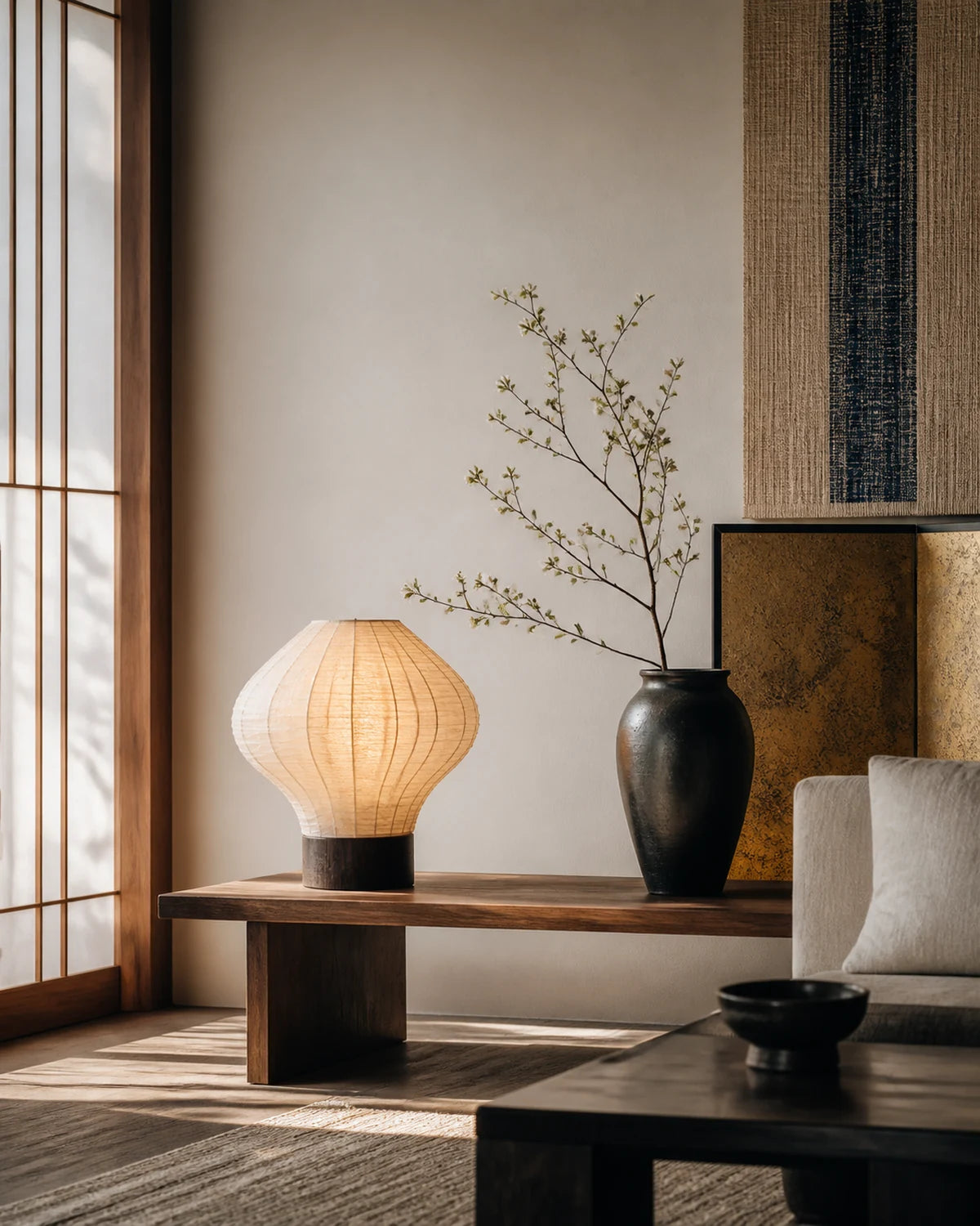 Minimal interior with a paper lamp and botanical arrangement