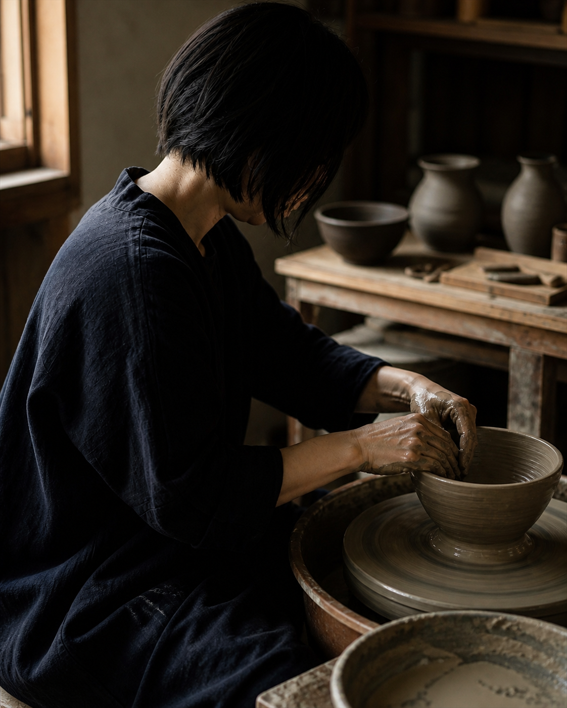 Japanese ceramic artisan shaping a vessel on a pottery wheel in a quiet workshop